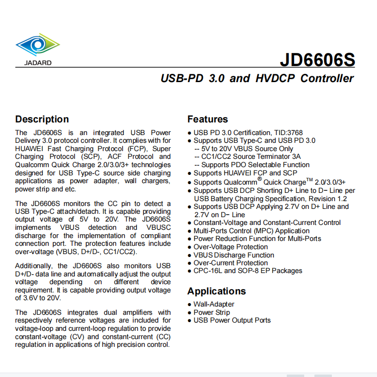 20W PD協(xié)議芯片 JD6606SASP多協(xié)議控制器 20W PD協(xié)議芯片 JD6606SASP多協(xié)議控制器