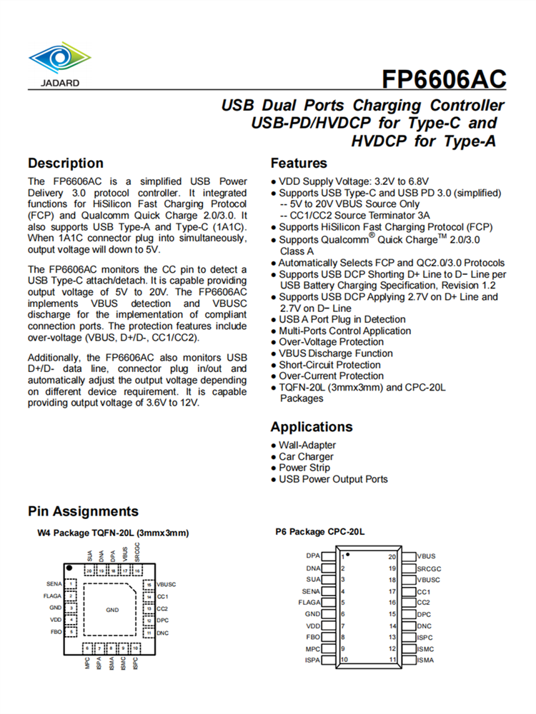 FP6606AC USB-PD 3.0協(xié)議控制器 支持USB Type-A、USB Type-C 快速充電協(xié)議IC芯片