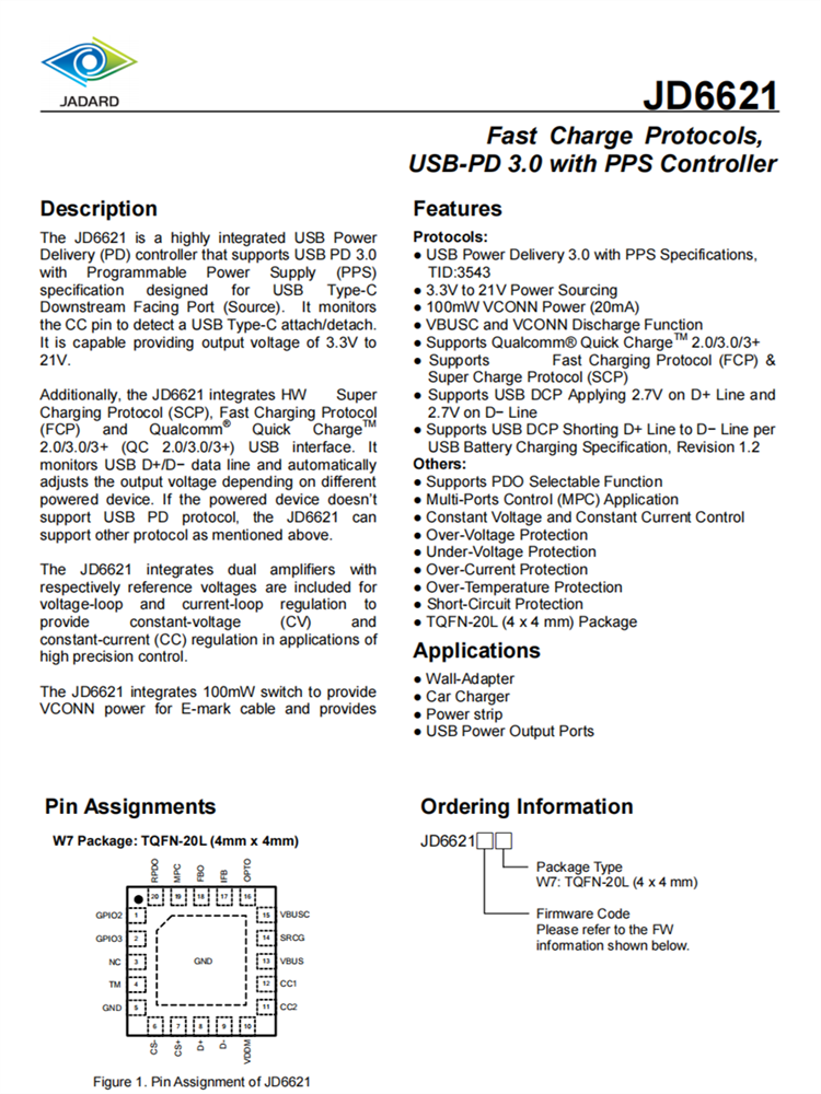 JD6621 快速充電協(xié)議IC USB-PD 3.0與PPS控制器 百盛電子代理商 JD6621 快速充電協(xié)議IC USB-PD 3.0與PPS控制器 百盛電子代理商