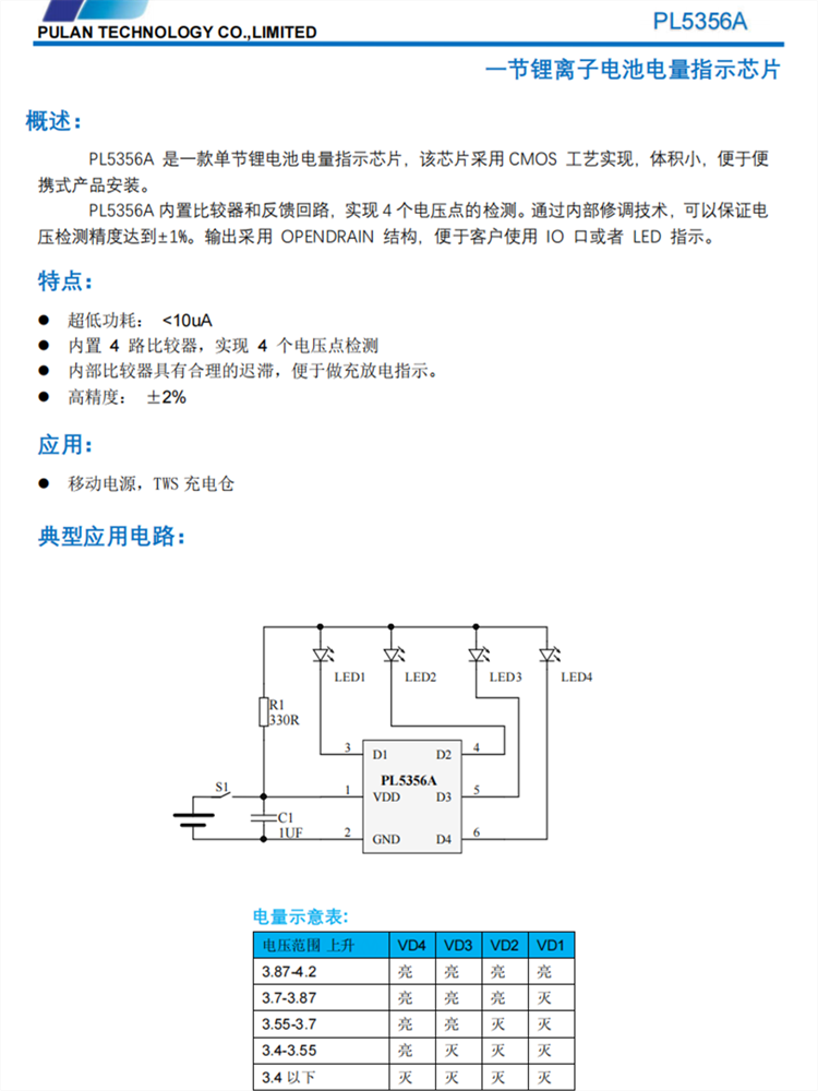 PL5356A 是一款單節(jié)鋰電池電量指示芯片 PL5356A 是一款單節(jié)鋰電池電量指示芯片
