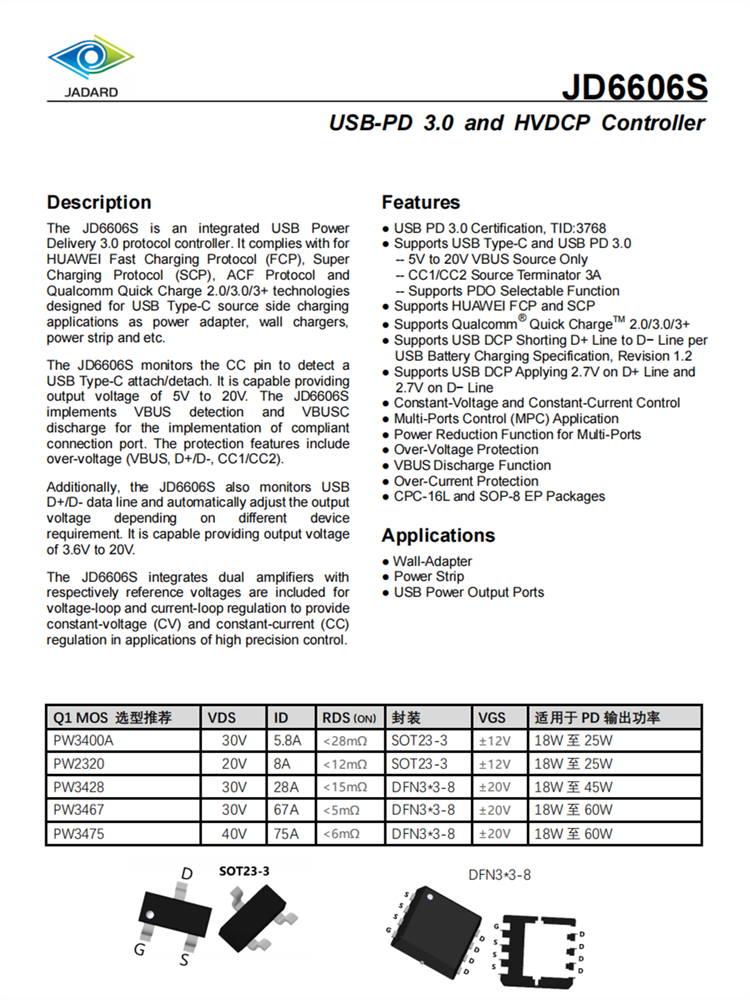 天德鈺JD6606S，USB-PD 3.0和HVDCP控製器
