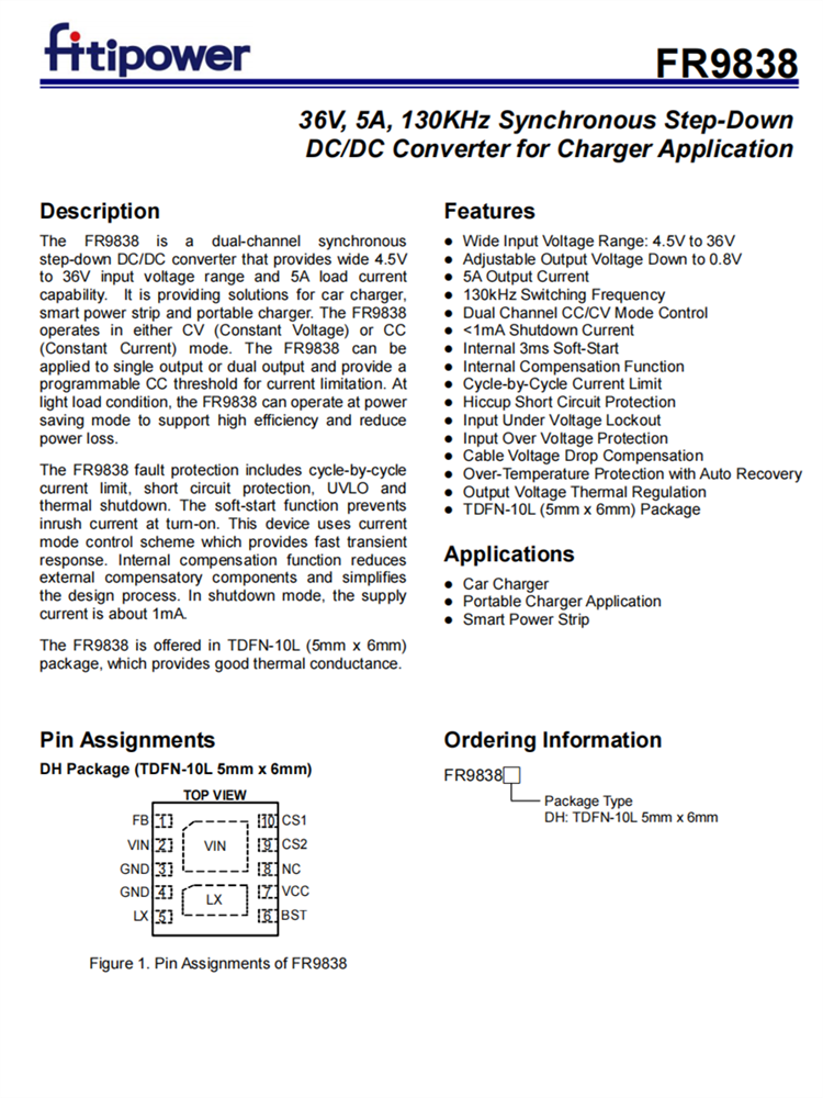 FR9838 36V 5A 同步降壓DC/DC轉換器 FR9838 36V 5A 同步降壓DC/DC轉換器