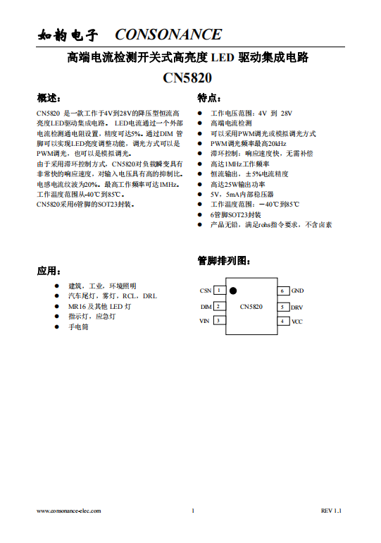 CN5820：4V至28V寬壓恒流LED驅(qū)動IC，5%高精度，支持PWM與模擬調(diào)光