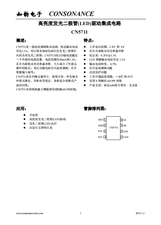 CN5711：集成化高性能LED電流調(diào)制電路，支持1.5A恒定輸出與廣泛電流調(diào)節(jié)