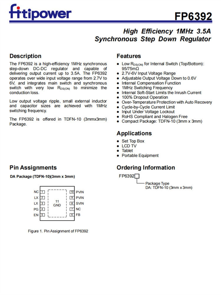 FP6392 TDFN-10 高效1MHz 3.5A輸出 同步降壓DC-DC調(diào)節(jié)器 代理商 FP6392 TDFN-10 高效1MHz 3.5A輸出 同步降壓DC-DC調(diào)節(jié)器 代理商