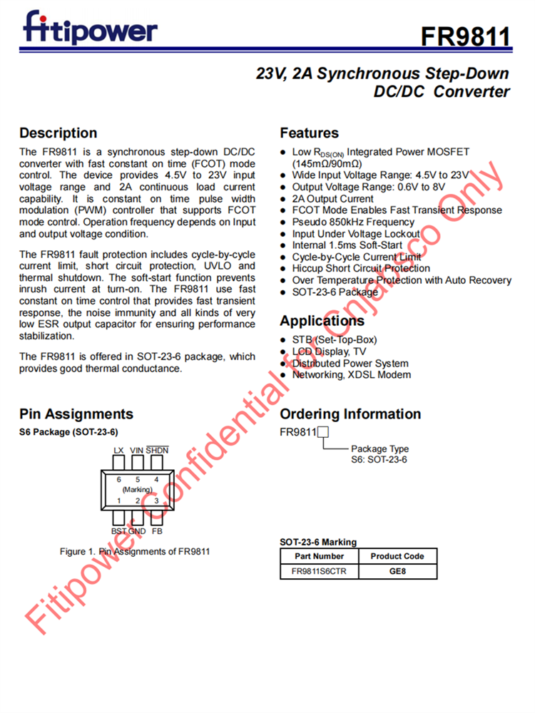 FR9811 2A同步降壓IC DC-DC轉(zhuǎn)換器 SOT23-6 百盛電子代理商 FR9811 2A同步降壓IC DC-DC轉(zhuǎn)換器 SOT23-6 百盛電子代理商