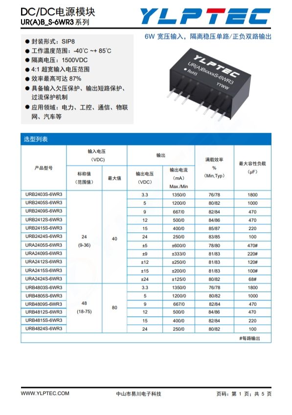 URB4812S-6WR3   6W寬壓輸入，隔離穩(wěn)壓單路/正負雙路輸出