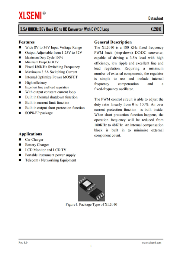 XL2010E1 3.5A 180KHz 36V Buck DC to DC Converter With CV/CC Loop XL2010E1 3.5A 180KHz 36V Buck DC to DC Converter With CV/CC Loop