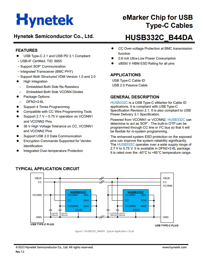 HUSB332C_B44DA  用於USB的eMarker芯片 Type-C數(shù)據(jù)線