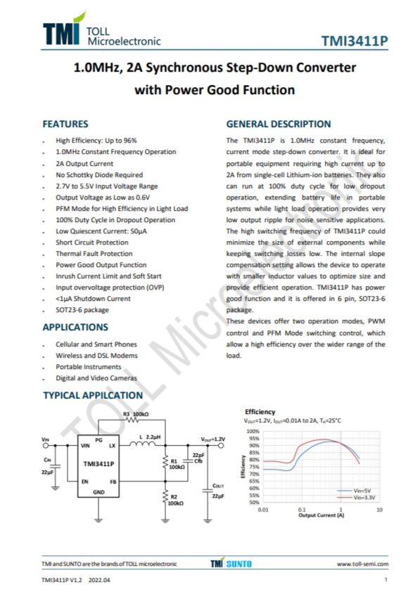TMI3411P  1.0MHz、2A衕步降壓型轉(zhuǎn)換器 具有電源良好功能