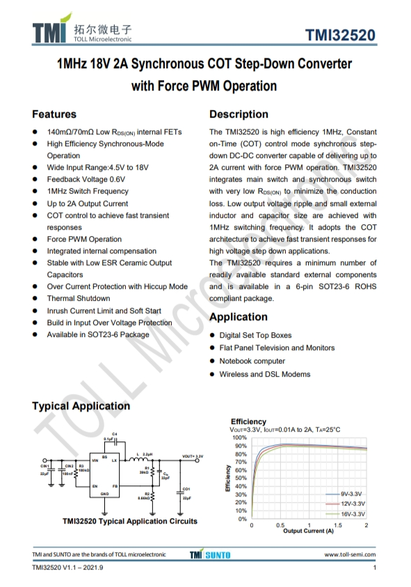 TMI32520  1MHz 18V 2A衕步COT降壓型轉(zhuǎn)換器 強製PWM操作