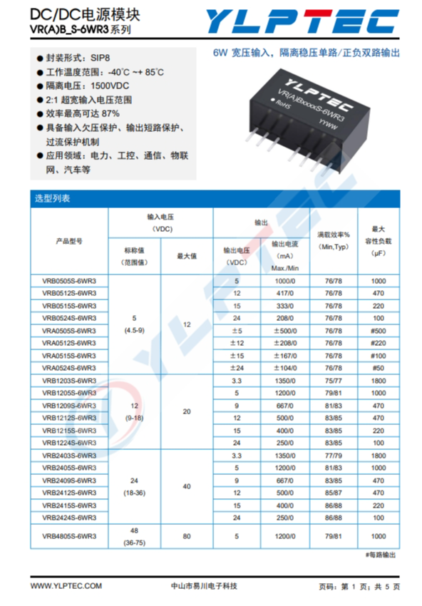 VRB1212S-6WR3 輸入電壓9V~18V 輸出電壓12V輸出功率6W500mA VRB1212S-6WR3 輸入電壓9V~18V 輸出電壓12V輸出功率6W500mA