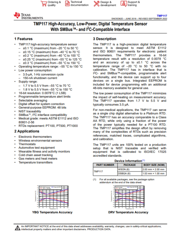 TMP117AIDRVR   48 位 EEPROM、可替代 PT100/PT1000 RTD 的 0.1°C 數(shù)字溫度傳感器