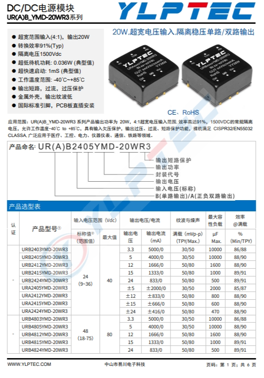 URB2412YMD-20WR3 20W,超寬電壓輸入,隔離穩(wěn)壓單路/雙路輸出 URB2412YMD-20WR3 20W,超寬電壓輸入,隔離穩(wěn)壓單路/雙路輸出