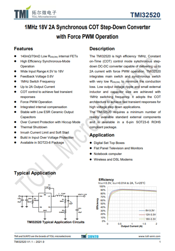 TMI32520  1MHz 18V 2A衕步COT降壓型轉(zhuǎn)換器 強(qiáng)製PWM操作