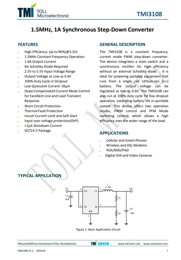 TMI3108  1.5MHz、1A衕步降壓型轉(zhuǎn)換器