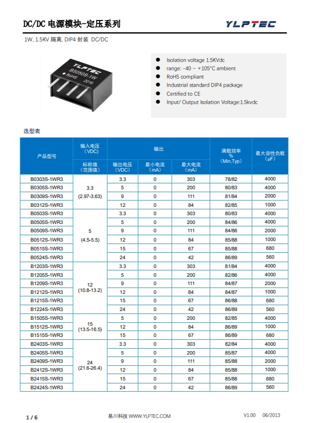 B0524S-1WR3 輸入電壓4.5V~5.5V 輸出電壓24V輸出功率1W42mA B0524S-1WR3 輸入電壓4.5V~5.5V 輸出電壓24V輸出功率1W42mA
